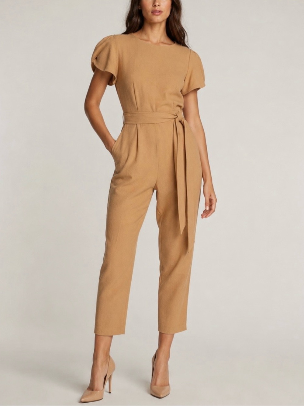 NEW Size 14 Calvin Klein Tan Khaki Tulip Sleeve Straight Leg Waist Tie Jumpsuit